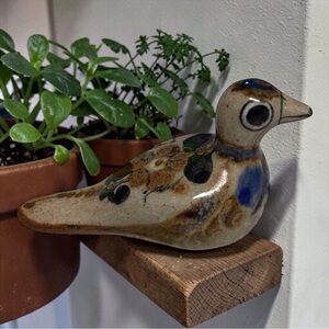 Vintage Mexican Hand Painted Brown/Beige/Blue Home Accent Pottery Bird